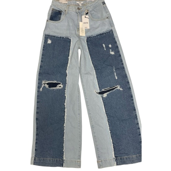 Forever 21 Low Rise Wide Leg Distressed Two Tone Denim Jeans Juniors 25 Waist - Picture 1 of 14